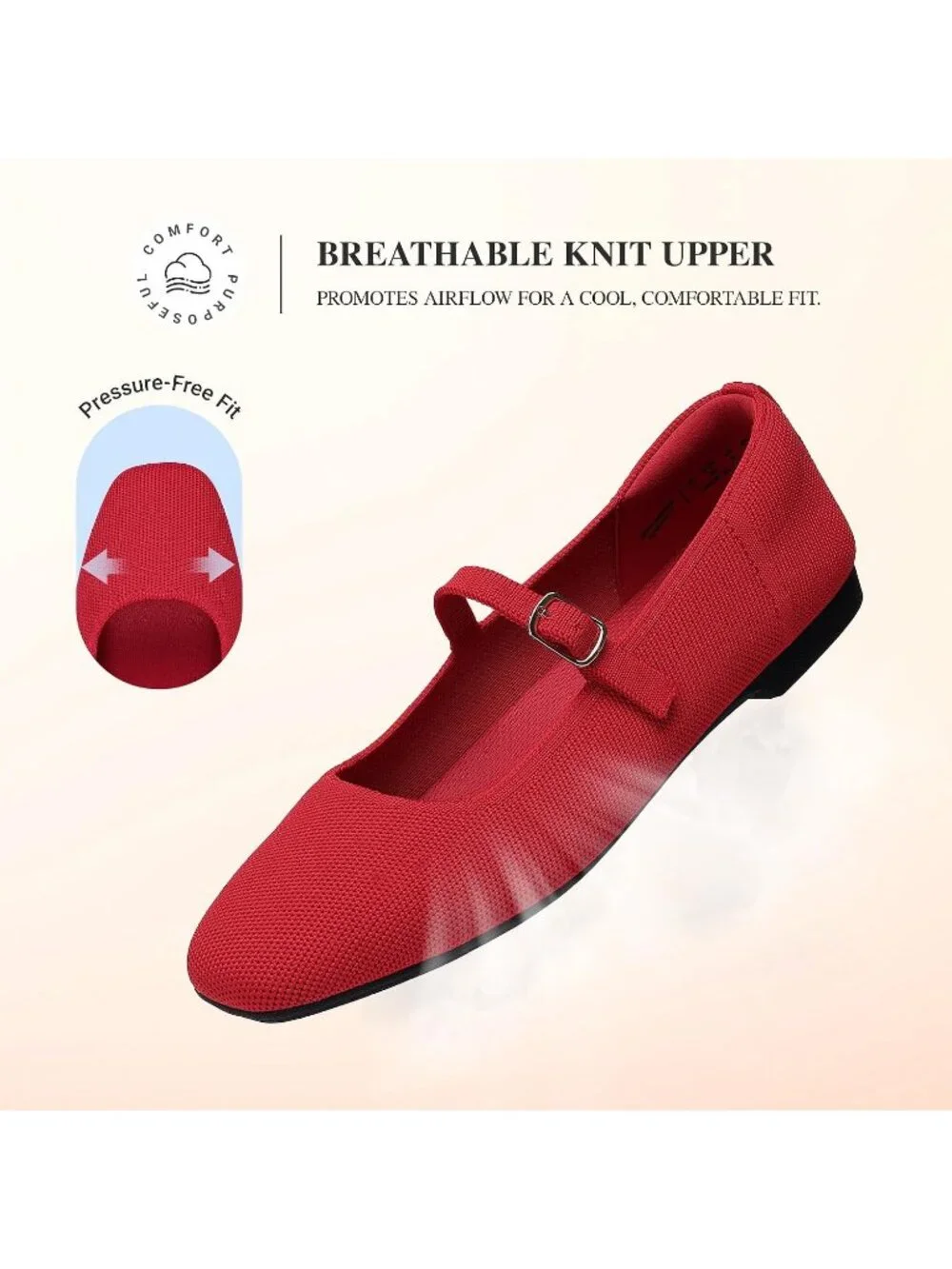Women's Red Knit Mary Jane Square Toe Stretchy Buckle Ballet Flats Casual Shoes
